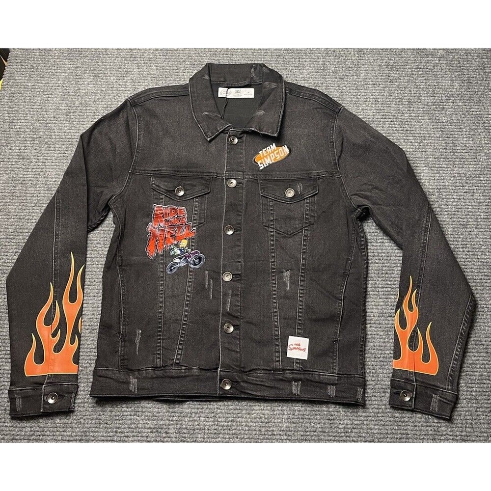 The Simpsons Bart Ride Like Hell Mens Medium Black Denim Patch Jacket NEW $108